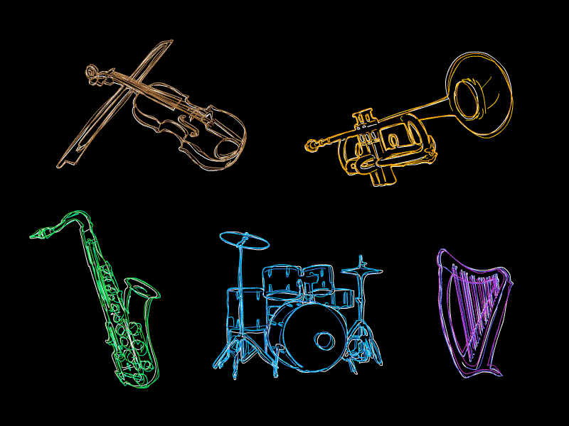 Sound vibrations animation backline classical music colors design draws drums electric flash harp illustration instruments music pen rought saxophone strings vector vibration violin