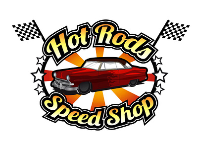 Hot Rods Speed Shop artwork asphalt car digital art draw flag hot illustration logo logotype race racing red road rod shop speed vecto vector vintage