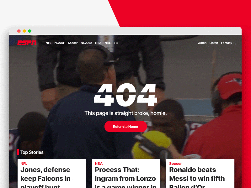 Daily UI challenge #08 — 404 Page 404 page daily ui desktop espn sports ui web