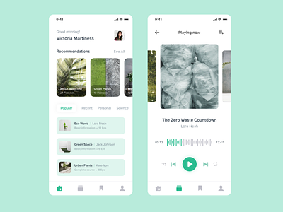 Podcasts App app design eco green interface learning mobile plants player podcast popular recycling top uxui