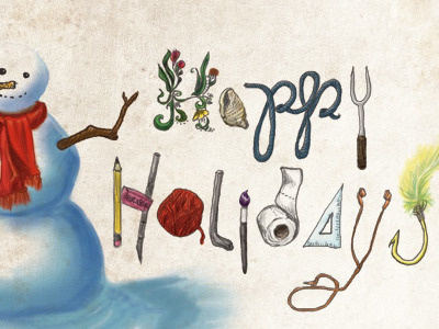 Snowman Greeting illustration snowman typography happy holidays holidays photoshop scarf snow yarn fishing hook brush paintbrush eraser digital pencil pen xacto flora flower shell triangle toilet paper carrot branches red scarf snow man ruler