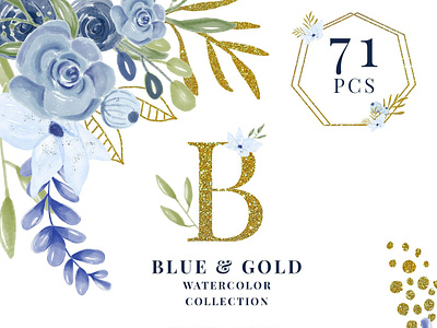 71 Blue and Gold Watercolor Collection Clipart