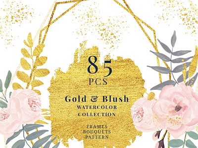85 Blush And Gold Watercolor Floral Geometric Clipart