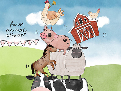 40 Watercolor Farm Animals Baby Shower Clipart PNG Images