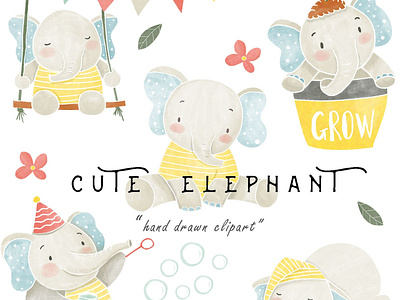 Watercolor Baby Elephant Clipart PNG Boy Girl Digital Download animal clipart art baby shower clipart branding clipart cute cute clipart design elephant clipart illustration turnip watercolor clipart
