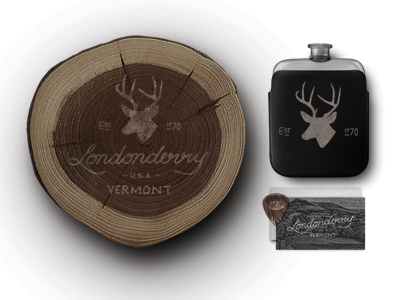 Londonderry Branding branding card flask guitar handlettering logo mark pick typography vermont wood