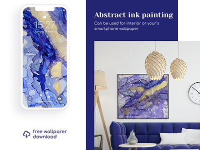 Abstract art + FREE wallpaper download abstract art artwork blue color download free gold ink inspiration interiorart painting wallpaper