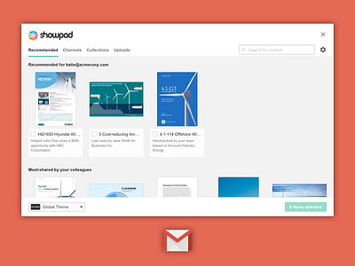 Showpad for Gmail: Recommended Content chrome extension content management gmail ui