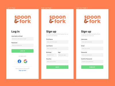 Spoon&Fork - Log in/Sign up Interfaces culinary food food app mobile mobile app mobile design mobile interface mobile ui ui uxui