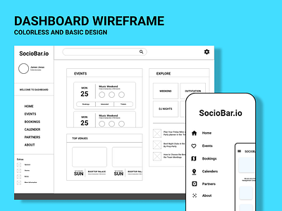 Simple wireframe of SocioBar's Dashboard adobe xd dashboard design figmadesign mobile ui ui ux web design wireframe