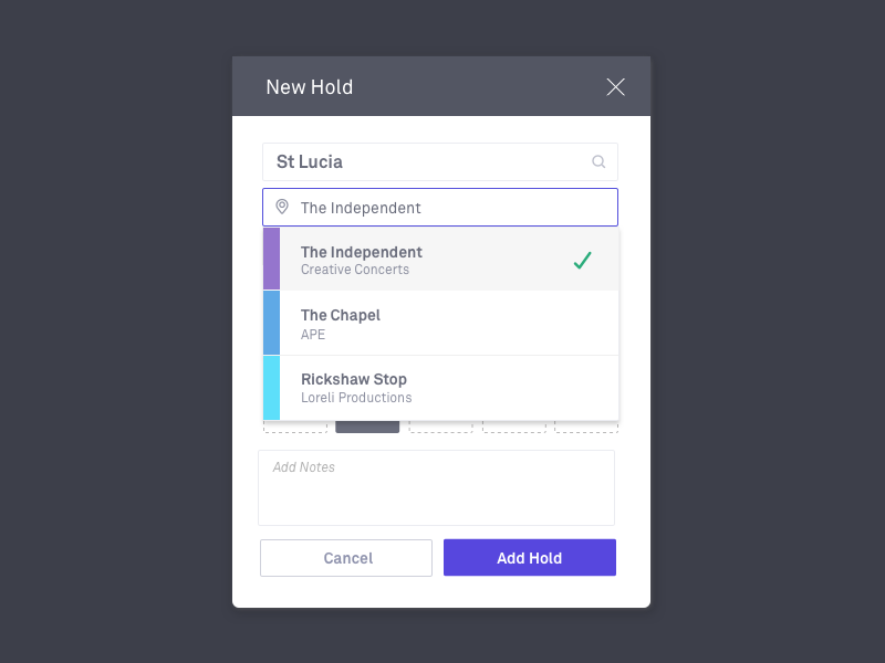 Adding a new hold dropdown booking calendar venues dialog modal