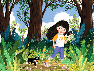 Take a walk with Batman cat cute girl plant green illustration natural outdoor painting take a walk travel