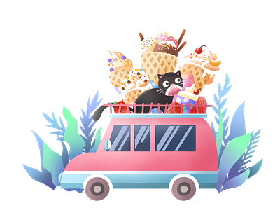 Summer car cat ice cream illustration painting pink plants summer