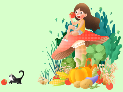 Vegetables illustrations cat fruit girl green green background illustration the mushroom vegetable