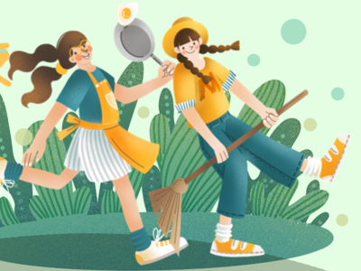 Girls flat girls green illustration painting plants working