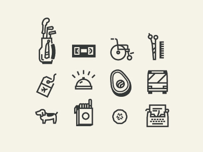 Icon work avocado bell bus cigarettes comb cucumber dog golf icons scissors tag typewriter vhs wheelchair