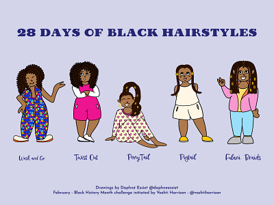 28 Days or Black Hairstyle Challenge, Drawn by Daphné Essiet afro black history month black woman children character children illustrations illustration kid illustration vector