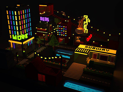 Voxel City 3d art city lights neon pixel voxel