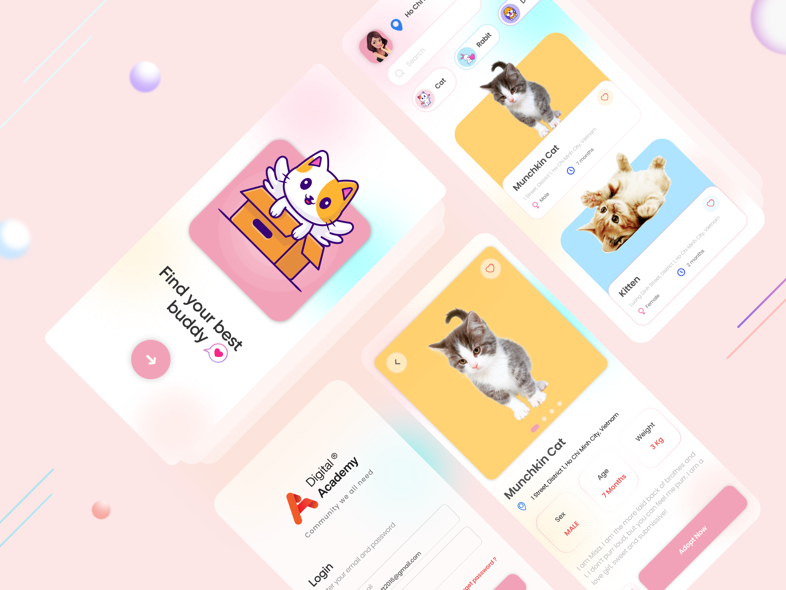 Pet Adopt - Mobile App adopt animal cards cat clean color e-commerce pet ui design user