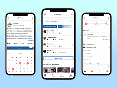 Musician Booking App booking app case study design thinking detail page figma mobile app payment page search in mobile ui ux