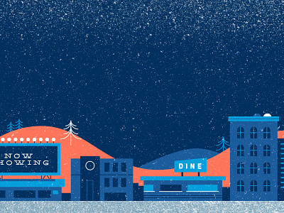 Snowfall cinema city diner illustration road snow