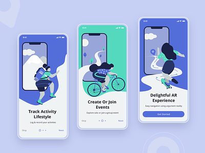 Onboarding Illustrations activity animation augmented reality cycling dribbble hiking illustration minimal onboarding onboarding screen skateboarding tracking app uidesign