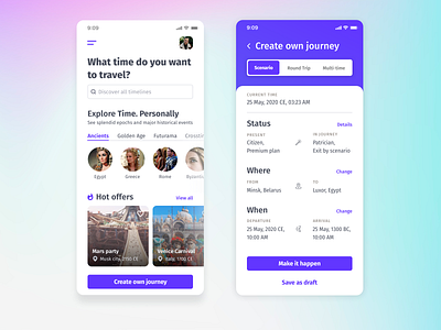 Time travel app booking clean ui ios mobile time timejourney timemachine travel ui