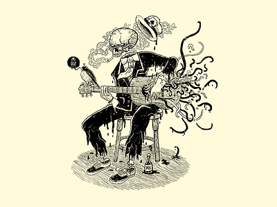 mr skull black and white guitar illustration ink skull smoke