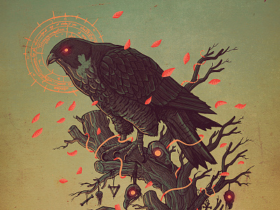 Falco peregrinus bird dark falcon illustration lineart ocult orange skull