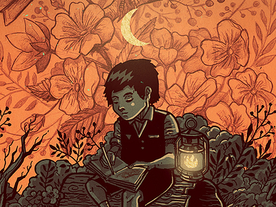 moon boy boy fairytale flowers gas illustration lamp moon orange