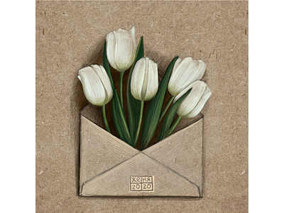 Подарок весна иллюстрация конверт подарок почта тюльпаны цветы