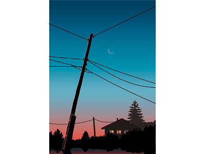 Вечер вектор вечер вечер за городом вечернее небо деревенский дом деревня закат иллюстрация небо небо и луна небо на закате природа провода на фоне неба розовый закат