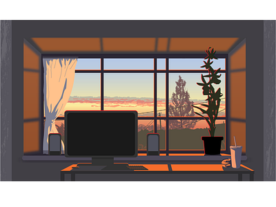 Вид из окна вектор вечер вид из окна закат иллюстрация интерьер комната компьютерный стол небо окно оранжевый свет фон