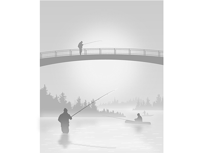 На рассвете вектор иллюстрация лес лодка мост природа рассвет река рыбак рыбалка солнце туман удочка утро