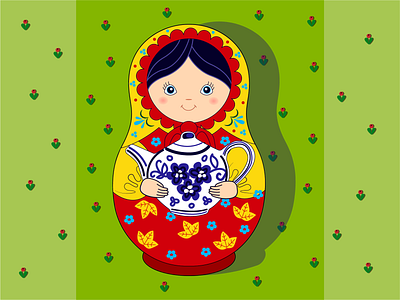 Матрешка с чайником вектор веселая деревянная детская игрушка иллюстрация кукла матрешка народная орнамент русская