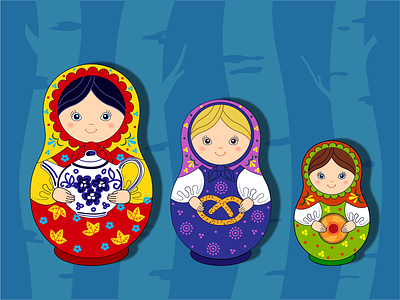 Матрешки вектор веселые детская игрушка иллюстрация кукла матрешка милые народные наряд платье русская сестры узор