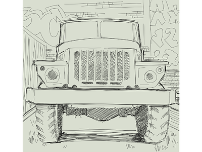 День 1 - линейная зарисовка. автомобиль грузовик карандаш линия набросок рисунок эскиз