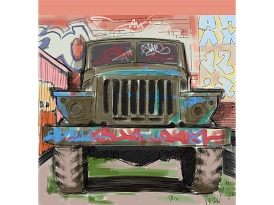 день 4 - эскиз в цвете. граффити грузовик зарисовка иллюстрация набросок старый стена эскиз