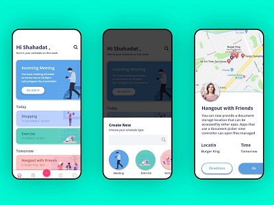 Meeting Scheduler App android app card chat clean color design illustraion ios iphone map meeting ui