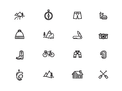 Icons bicycle boot cabin camera compass fish food icons knife mountains oars stroke