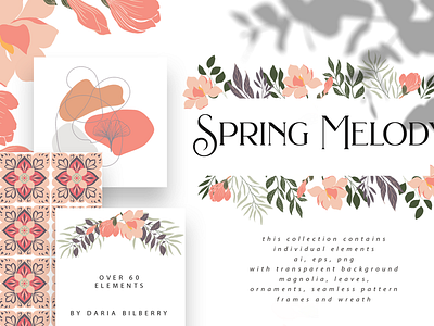 Spring Melody individual design elements leaves magnolia ornaments pre made frames seamless pattern wreath