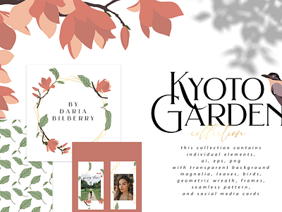 Kyoto Garden set abstract art compositions frames illustration individual design elements leaves magnolia seamless pattern social media cards wreath