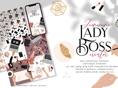 Feminine Lady Boss abstract art branding compositions design feminine flower clipart illustration lady ladyboss leaves seamless pattern vector