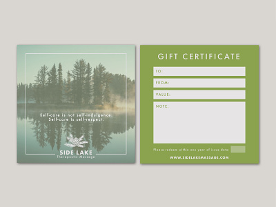 Side Lake Massage Gift Card Design gift card gift certificate massage therapy