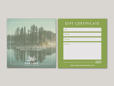 Side Lake Massage Gift Card Design