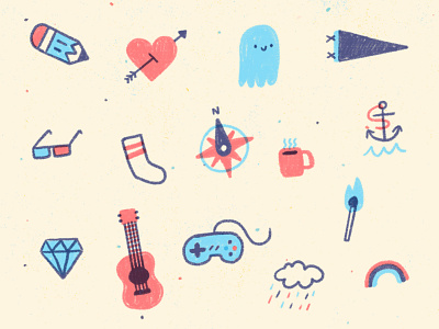 Things I Like 3d glasses anchor coffee compass diamond game controller ghost guitar heart mug paper pencil pennant rain cloud rainbow sock tattoos uke ukulele