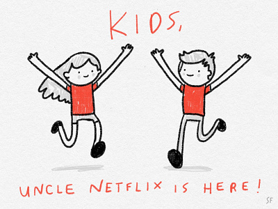 Uncle Netflix babysit babysitting boy childcare children doodle excited girl illustration kids netflix running television tv watch