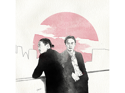 Kenzo & Yuto cityscape editorial illustration giri haji illustration art japanese portrait red sun takehiro hira watercolour yōsuke kubozuka