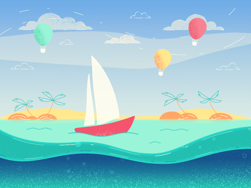 Sailing in Ae after affects animation animation 2d balloons boat bubbles cartoon clouds dreams flatdesign landscape landscape design looped mograph palms relax shapes sky underwater yacht