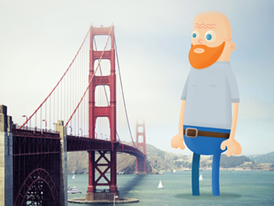 Self portrait in San Fran bald beard belt blue boats bridge buckle cartoon eyes ginger shirt water